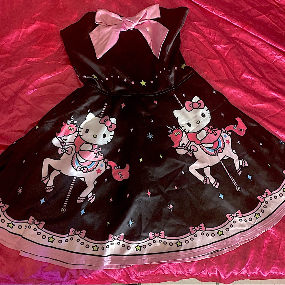 COPY - Dolls Kill Hello kitty Spin me Round pink black satin bow dress rare